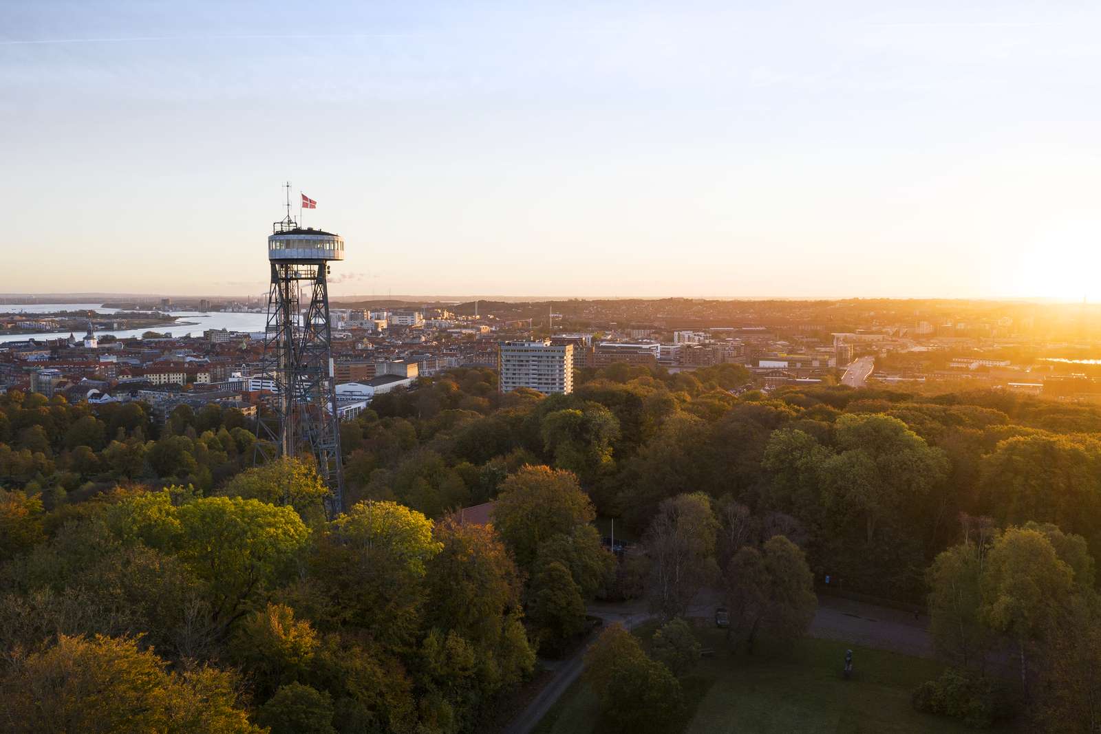 View of Aalborg with the Aalborg tower in focus